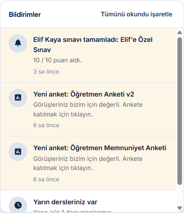 Puhu.app öğretmen panelinde bildirim merkezi dropdown ekranı