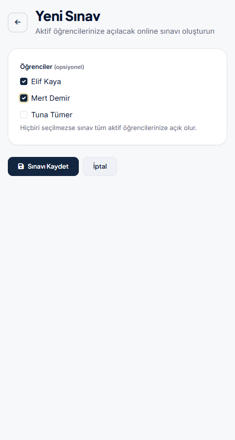 Puhu.app öğretmen panelinde sınav oluşturma ve öğrenci hedefleme ekranı